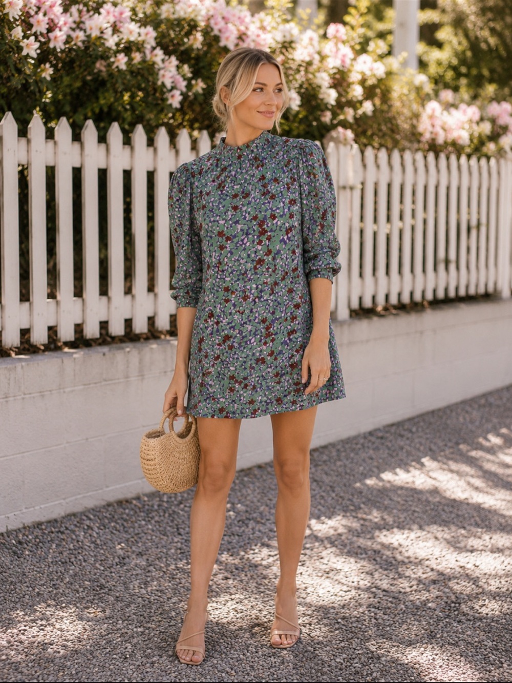 ✅ LaRoque Dress Shift High Neck Mini in Green Purple Floral